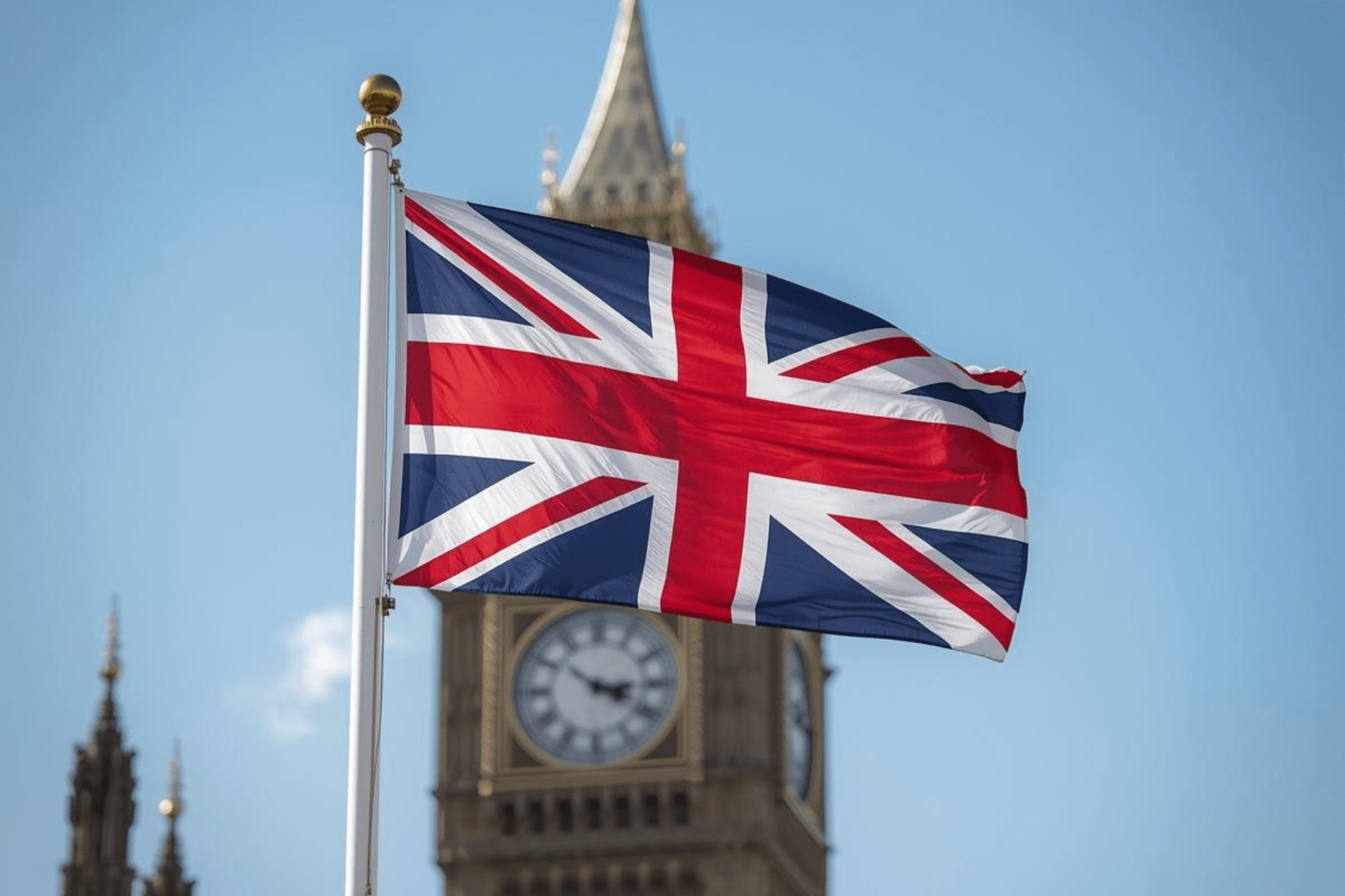 Union Jack flag fluttering in front of Big Ben